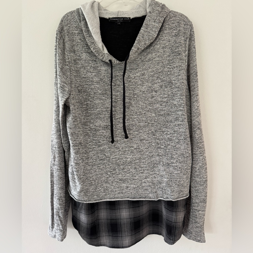 Generation Love Chester Gray Hoodie with plaid Flannel attached layer. Size M